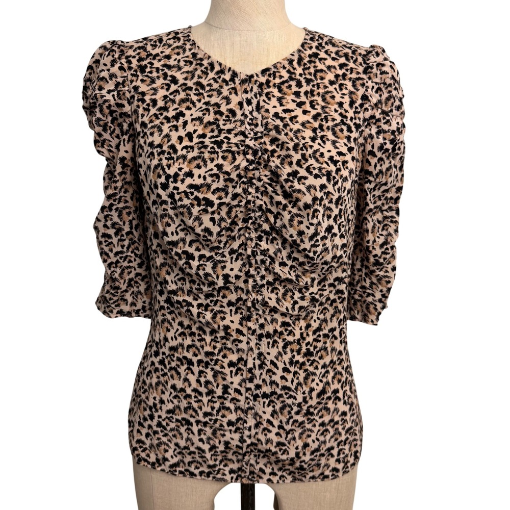 Rebecca Taylor Silk Leopard Print Ruched Front Puff Sleeve Blouse Tan Black S‎